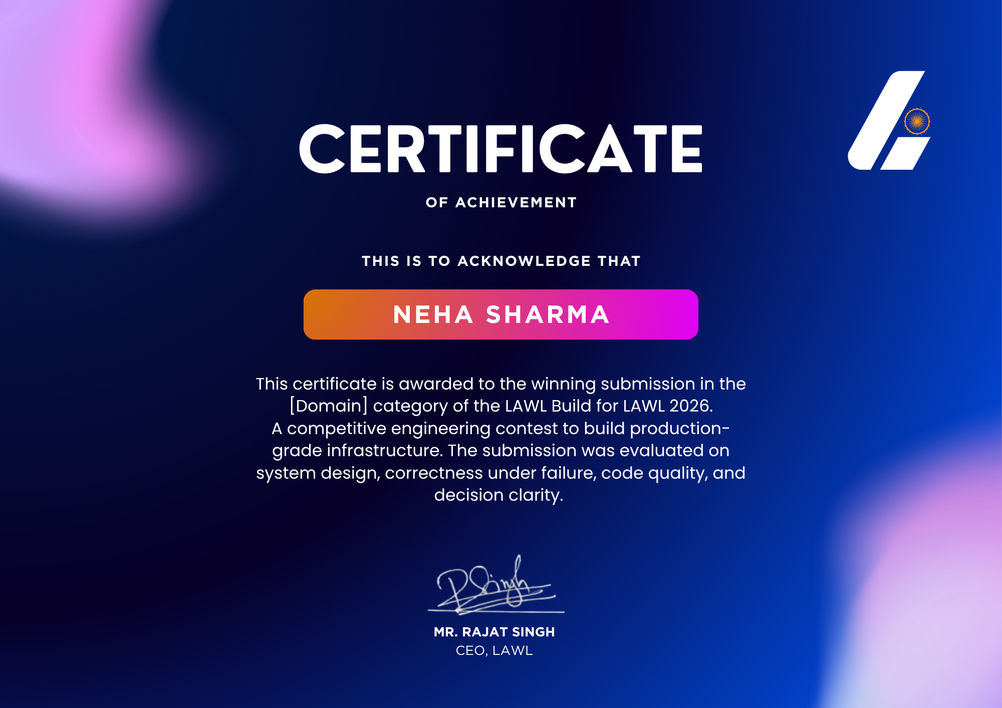 LAWL Certificate of Achievement — Build for LAWL 2026 Domain Winner